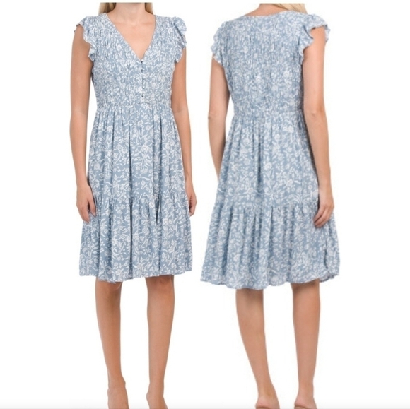 Lucky Brand Dresses & Skirts - Lucky Brand Ruffle Sleeve V-neck Smocked Bodice Midi Dress Size Large